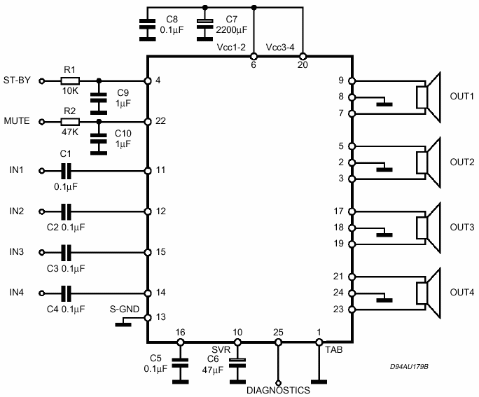 Схема 4-x канального усилителя на микросхеме tda7386
