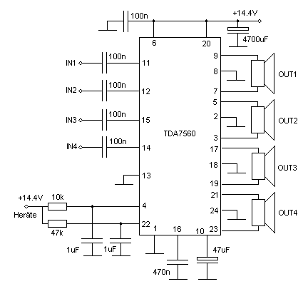 Схема стерео усилителя на 4 канала 
