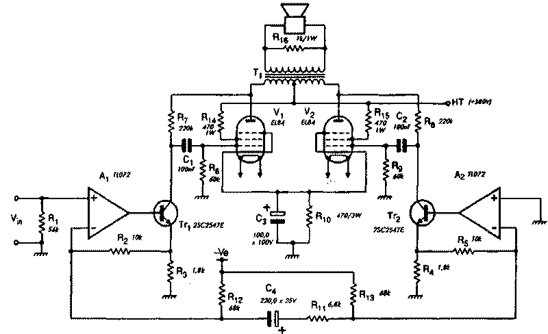 Схема лампово-полупроводникового усилителя мощность звуковой частоты