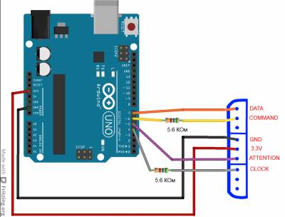 Схема подключения беспроводного джойстика от PlayStation и Arduino