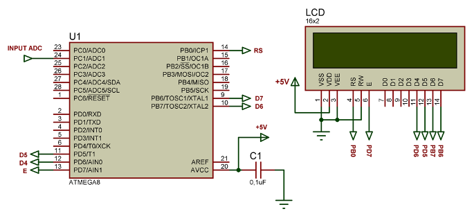 Схема подключения двухстрочного дисплея к микрокнтроллеру